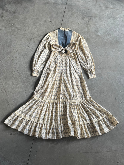 Vintage Gunne Sax 70s Blue Velvet And Cabbage Rose Prairie Dress With Tie Back