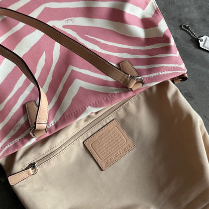 Coach Zebra Stripe Tote Shoulder Bag Pink/Tan