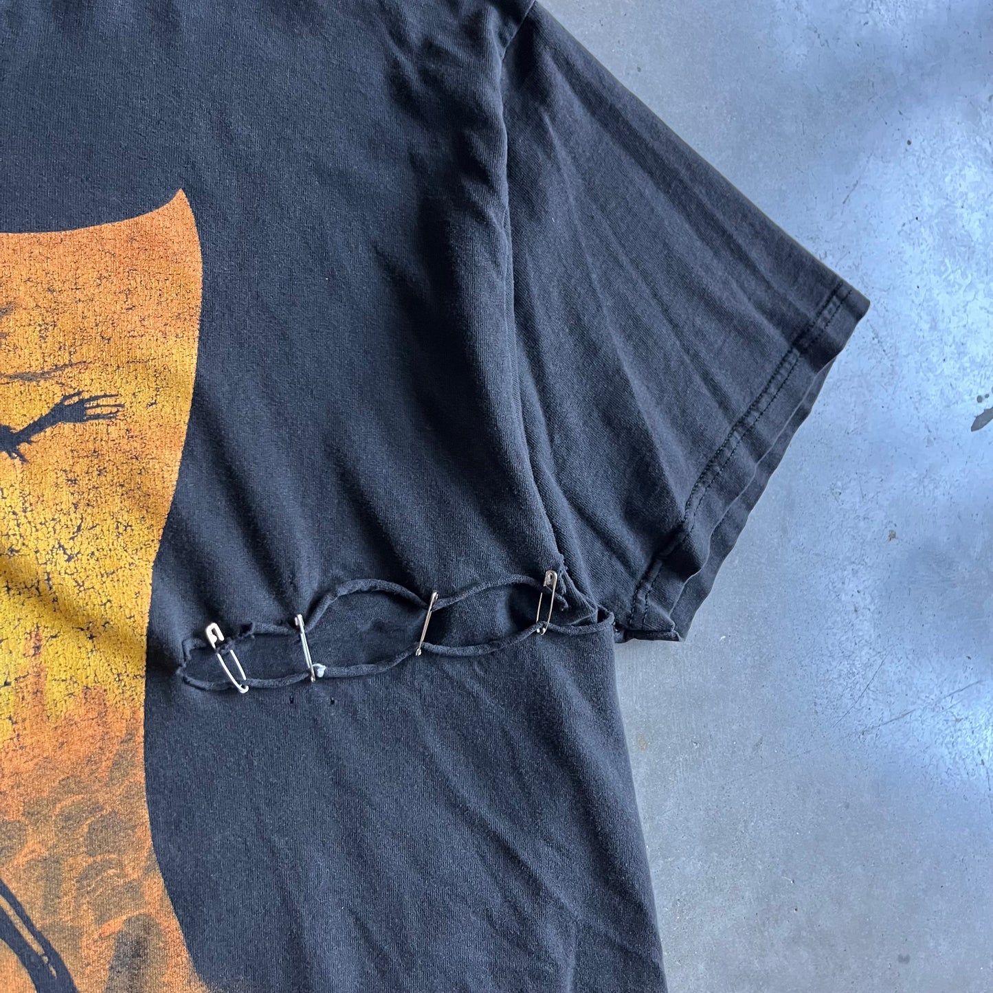 Vintage Thrashed Safety Pin Repair Wes Benscoter Skeleton Art Tee