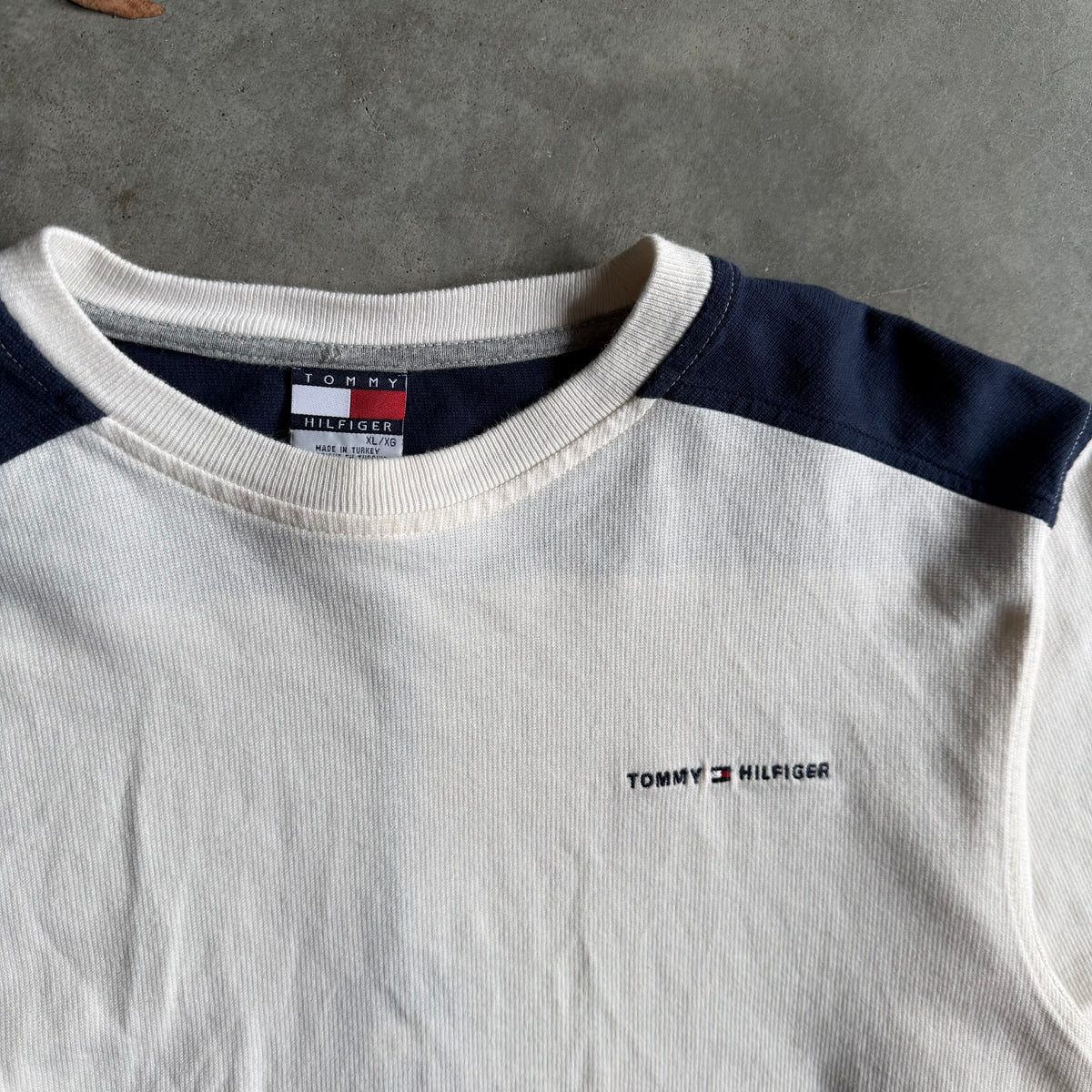 Vintage Tommy Hilfiger Blue Shoulder Cream Waffle Knit Longsleeve
