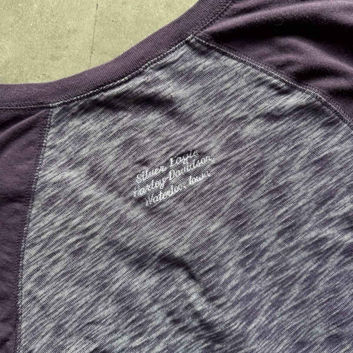 Women’s Y2K Harley Davidson Purple Henley With Skull Buttons & Thumb Holes