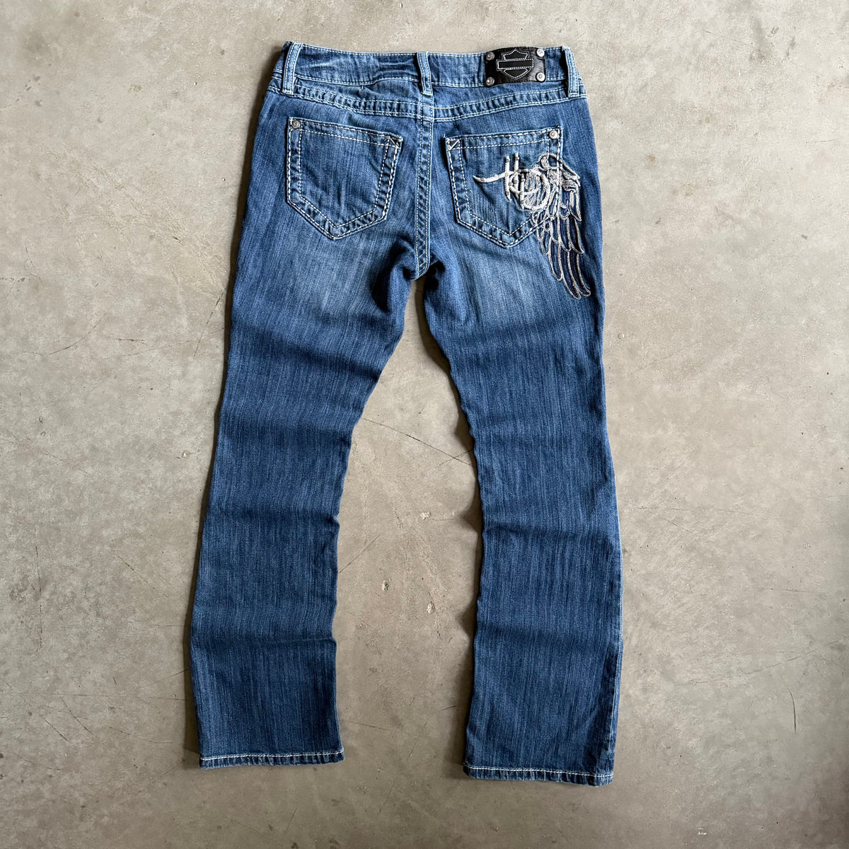 Women’s Harley Davidson Medium Wash Boot Cut Flairs w/Angel Wing Embroidery