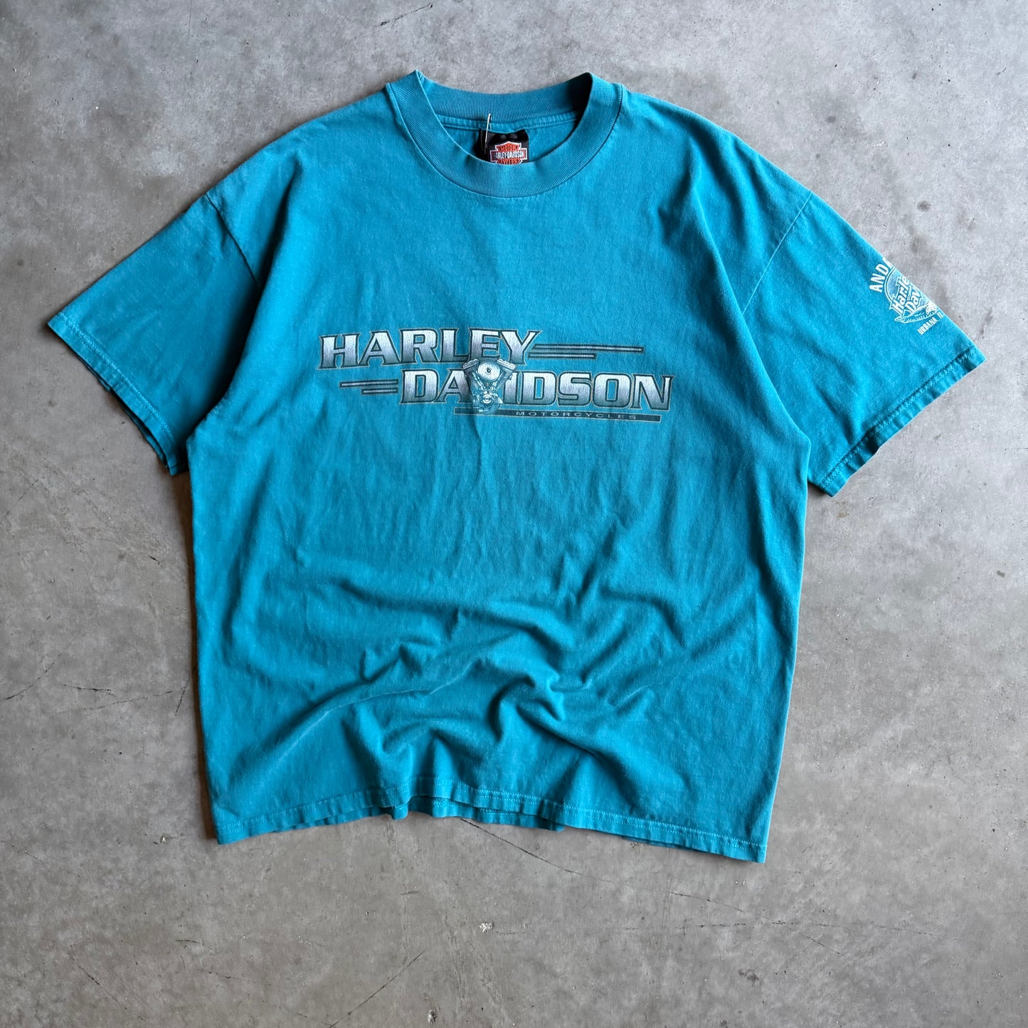 Vintage Andreas Harley Davidson Teal Spell-Out Tee