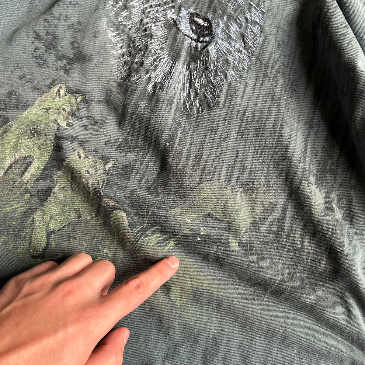 Vintage Wolf Forest Scenery W/ Embroidered Wolf Face Tee