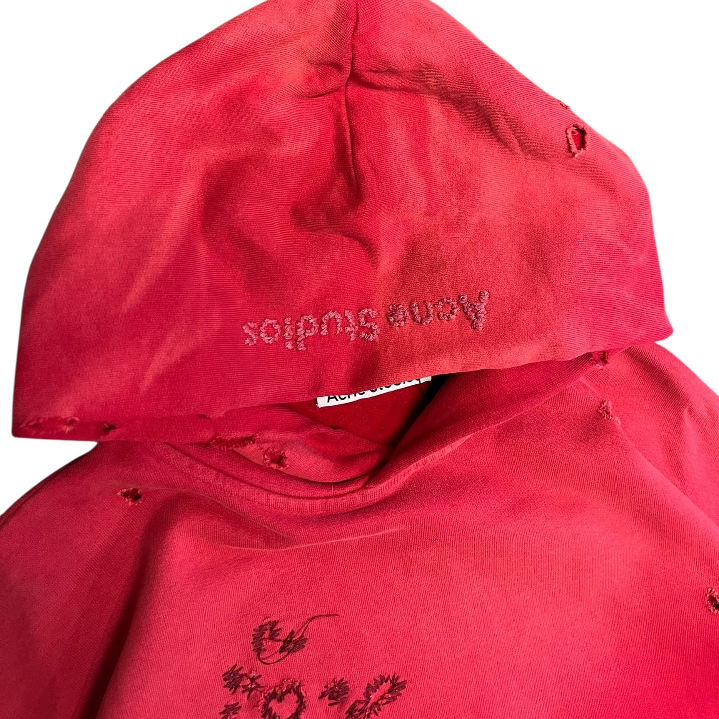 Acne Studios Distressed Heart Embroidered Red Hoodie