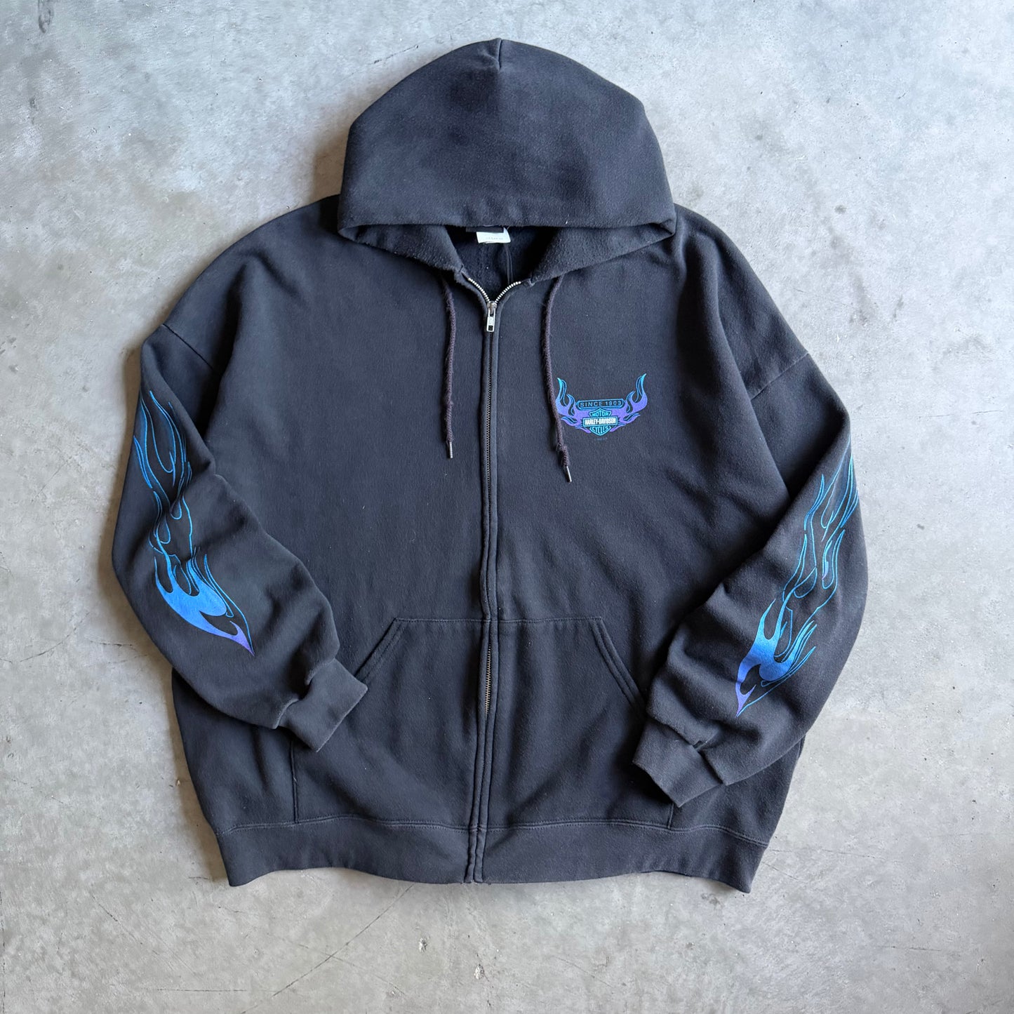 Vintage Harley Davidson Blue Flame Sleeve Zip Up Hoodie