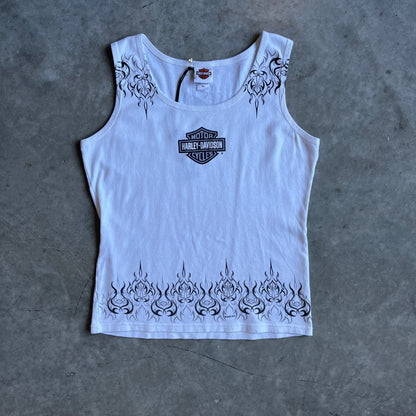 Women’s Y2K Harley Davidson White & Black Tribal Flame Tank Top