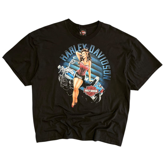 Y2K Harley Davidson Blue Motorcycle Blonde Women Tee