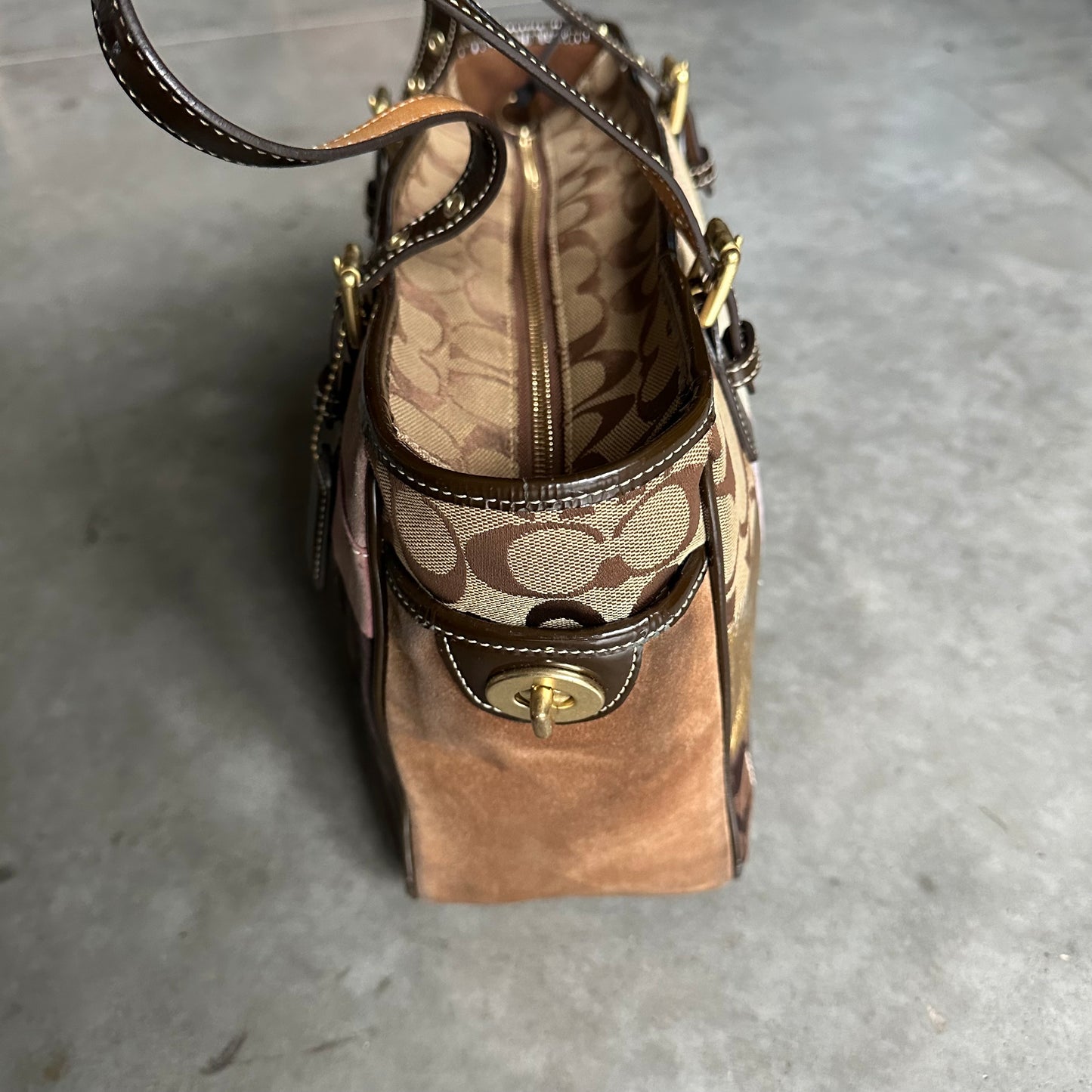Y2K Coach Holiday Patchwork Tote Suede Leather Brown/Purple