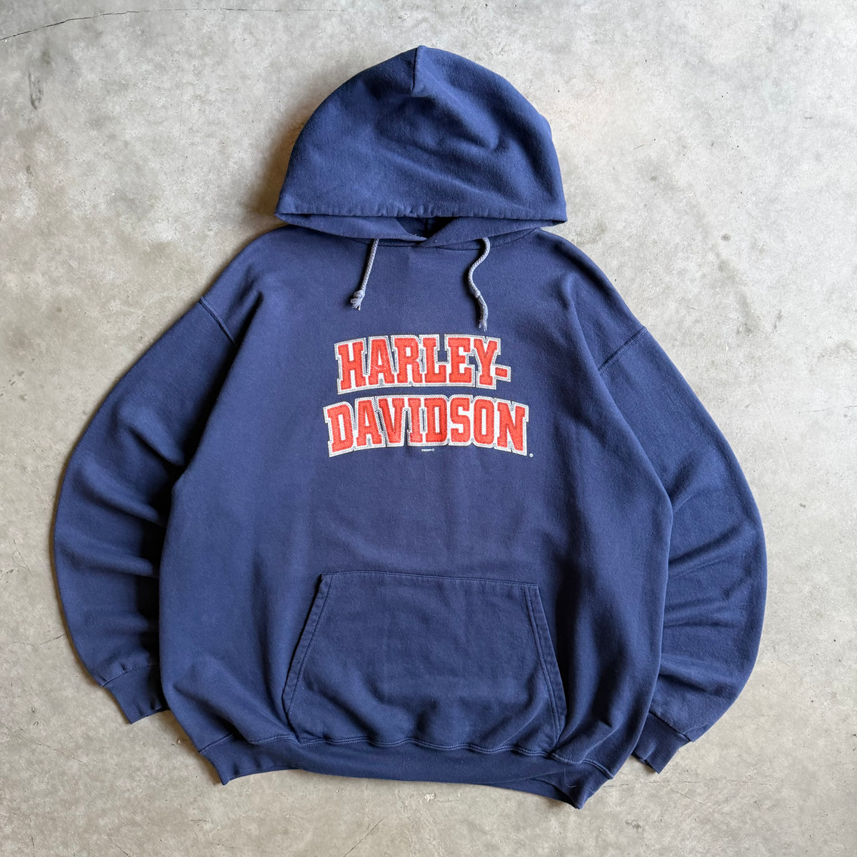 Y2K Harley Davidson Orange Spell Out Navy Hoodie