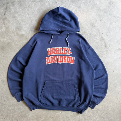 Y2K Harley Davidson Orange Spell Out Navy Hoodie