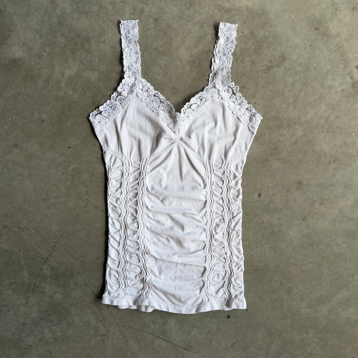 Y2K Boho White Ruched Lace Tank