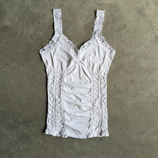 Y2K Boho White Ruched Lace Tank