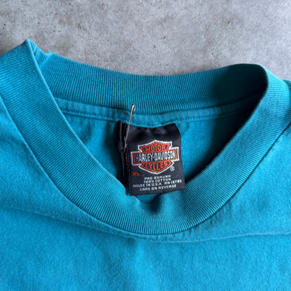 Vintage Andreas Harley Davidson Teal Spell-Out Tee