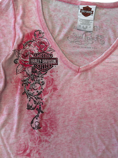 Women’s Harley Davidson Pink Acid Wash Long Sleeve With Bling Accents