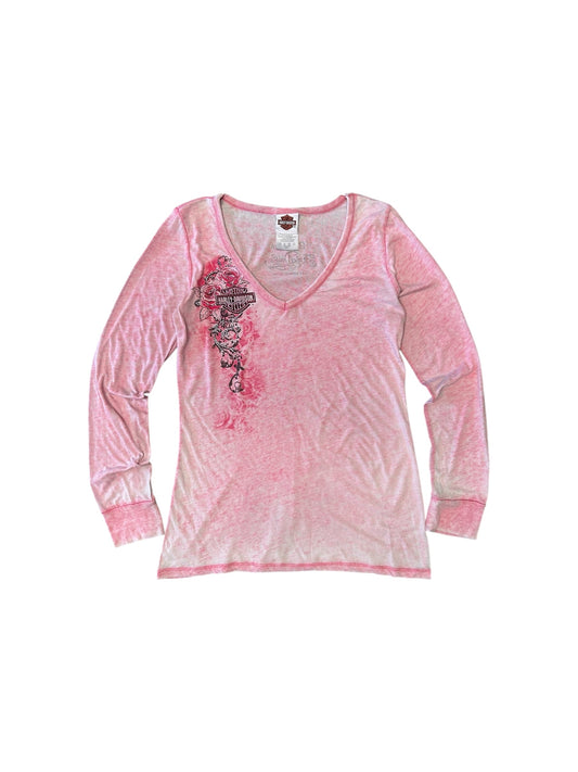 Women’s Harley Davidson Pink Acid Wash Long Sleeve With Bling Accents