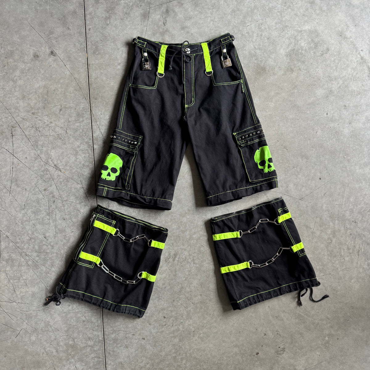 Y2K Tripp NYC Convertible Bondage Green Skull Pants