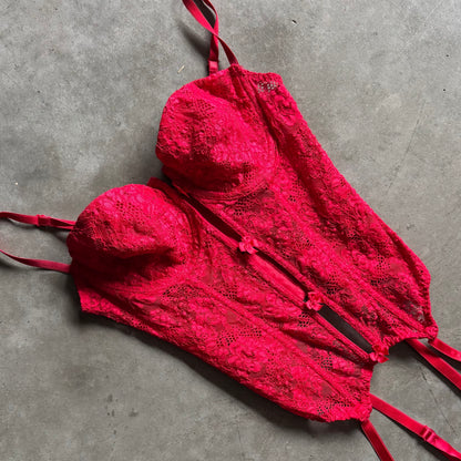 Y2K Women’s Victoria Secret Red Lace Bustier Top With Garter