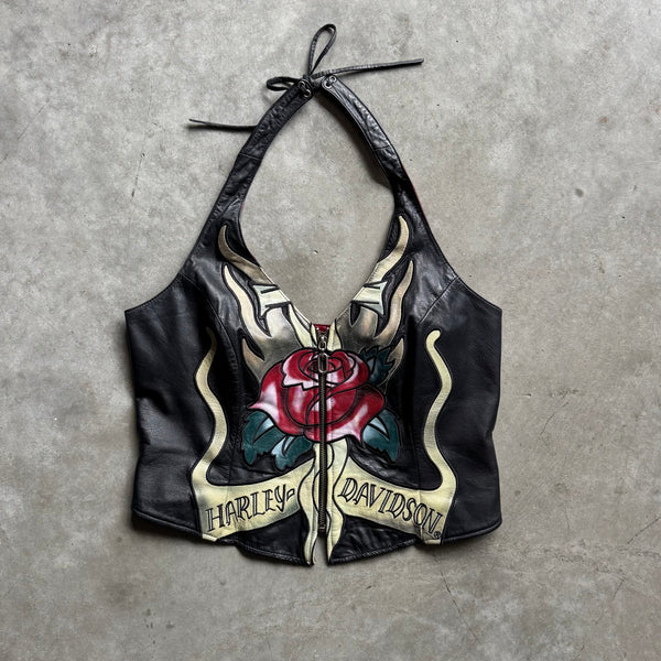 Vintage Women’s Harley Davidson Leather Rose Biker Halter Top